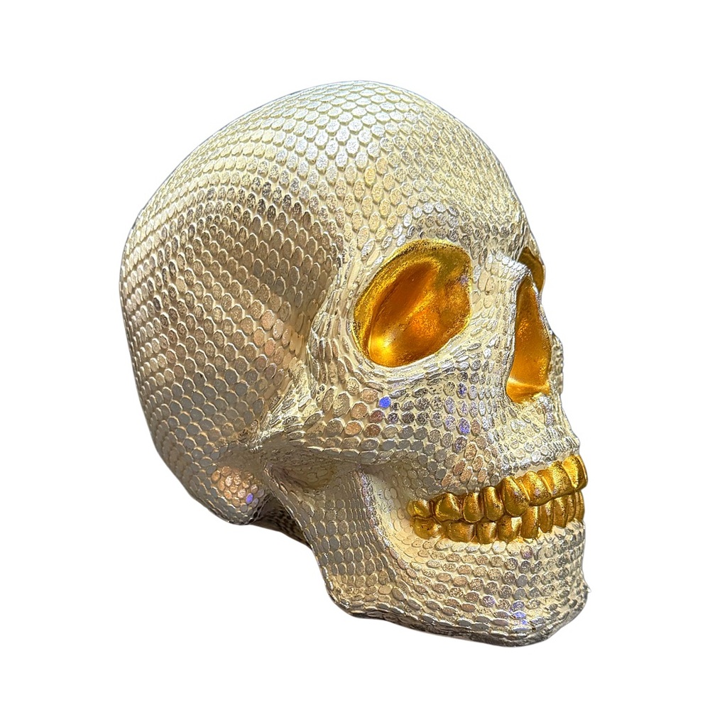 9” Gold and Metallic Pearl Halloween Skull Decor